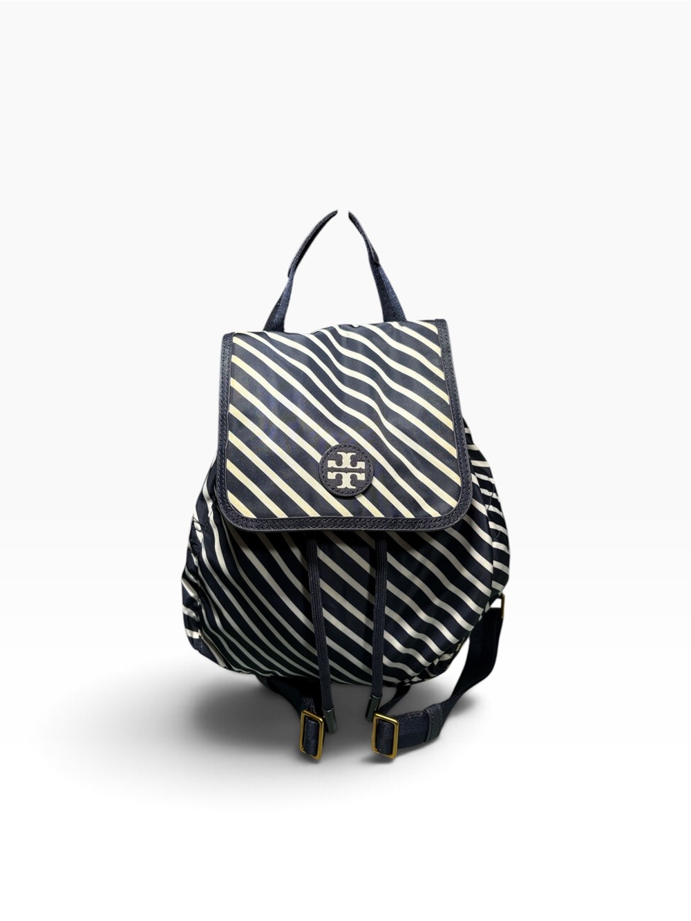 Tory Burch Striped Nylon Flap Drawstring Backpack Navy White Crossbody